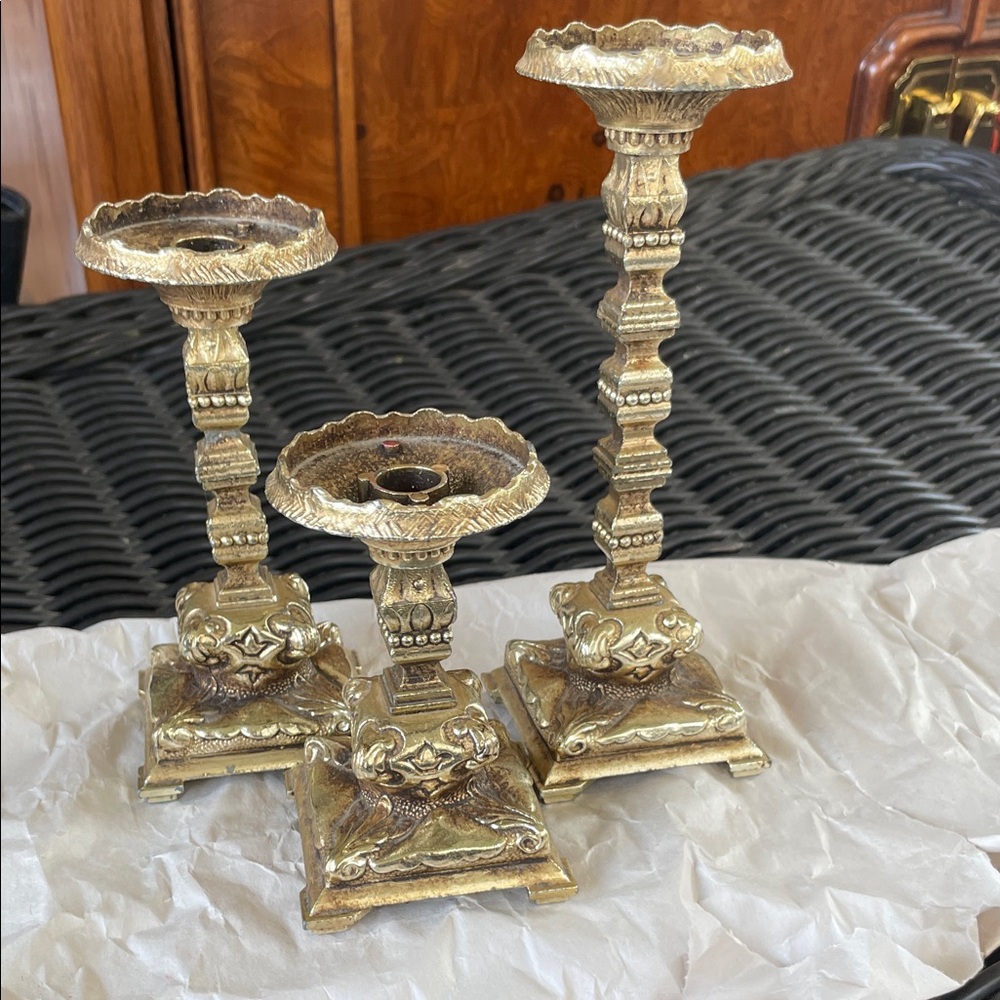 Trio of Elegant Gold Brass Candlestick Holder Set